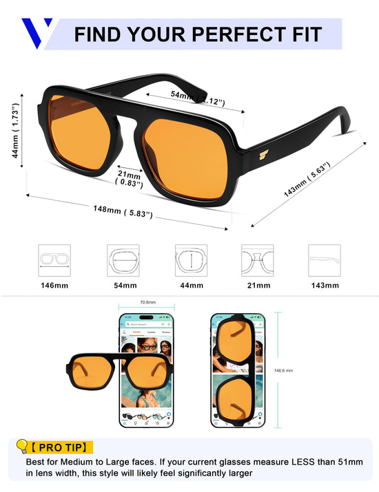 VANLINKER retro square aviator sunglasses - 70s vintage style flat top rectangle design