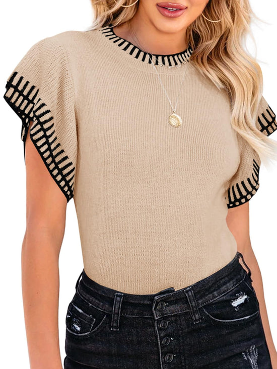 Shirt — Women's short sleeve ruffle striped knit sweater by Saodimallsu