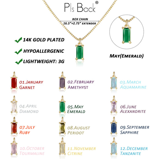 Pls Back dainty gold charm necklace — non tarnish with cubic zirconia emerald pendant
