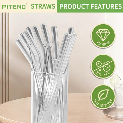 Piteno® glass straws set with cleaning brushes, 12 pieces, straight and bent styles, reusable