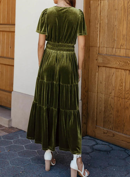 R.Vivimos women's vintage velvet maxi dress with short sleeves and ruffles