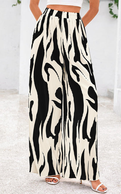PRETTYGARDEN Womens Pants Dressy Casual Wide Leg Graphic Print Lounge Pants Women Comfy High Waist Pleated Palazzo Pants