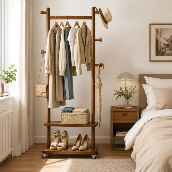 Taitiy clothes rack with wheels and shelves for bedroom and entryway