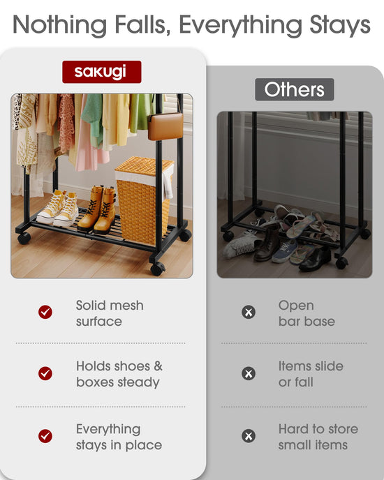 Sakugi clothes rack — Double rods with mesh shelf and wheels for laundry use