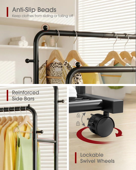 Sakugi clothes rack — Double rods with mesh shelf and wheels for laundry use