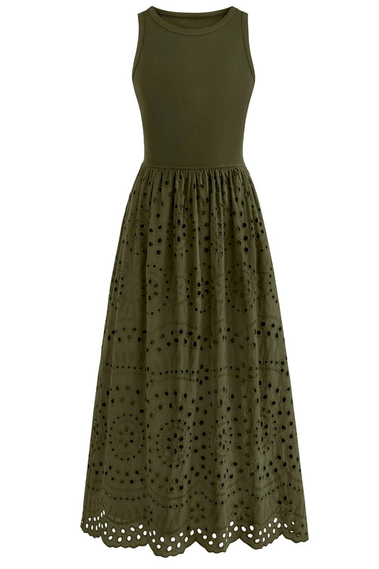 Dowerme dress — Casual sleeveless A-line maxi with pockets and lace eyelet detail.