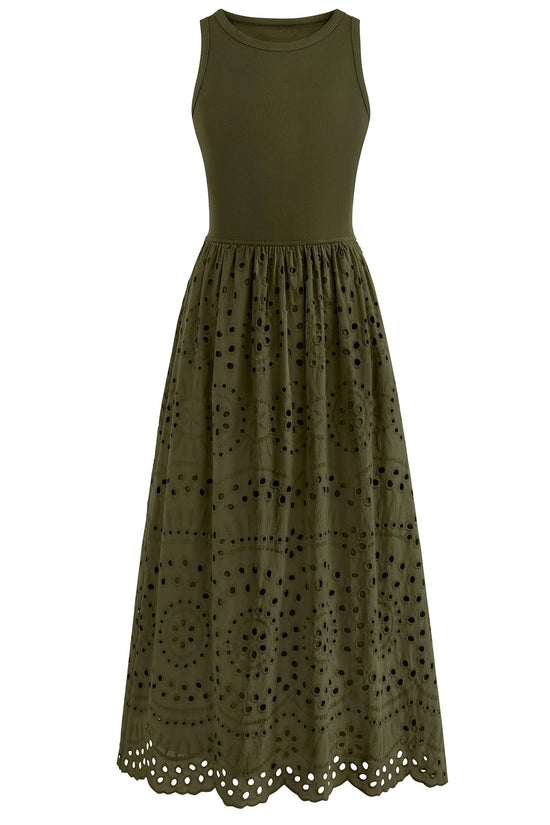 Dowerme dress — Casual sleeveless A-line maxi with pockets and lace eyelet detail.