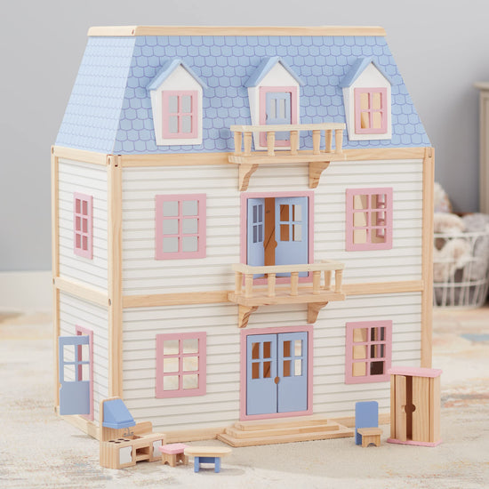 Miniature toy building — Melissa & Doug wooden multi-level dollhouse for kids