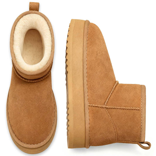 Litfun suede platform mini boots - Fuzzy fur lined ankle winter boots for women