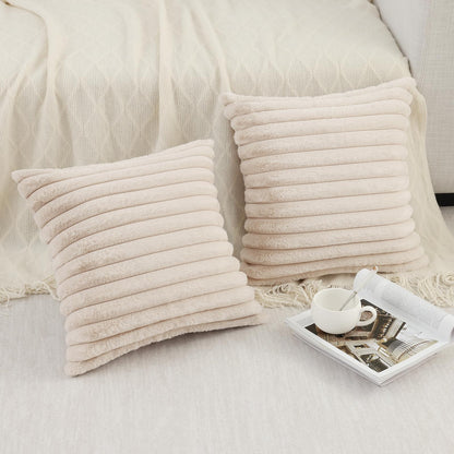 Pallene decorative pillow covers — luxury soft fluffy striped design 18x18 set of 2 cream white