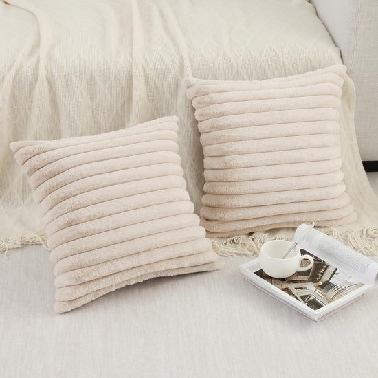 Pallene decorative pillow covers — luxury soft fluffy striped design 18x18 set of 2 cream white