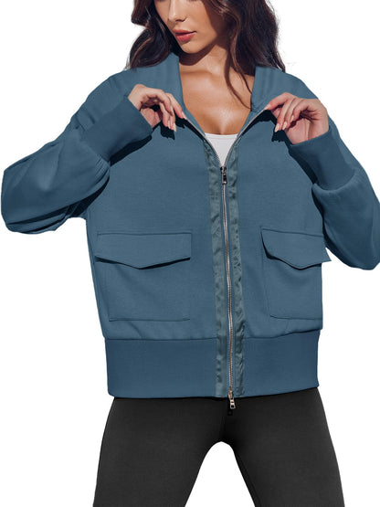 Fisoew women's coat - Zip up collared neck lightweight jacket with pockets