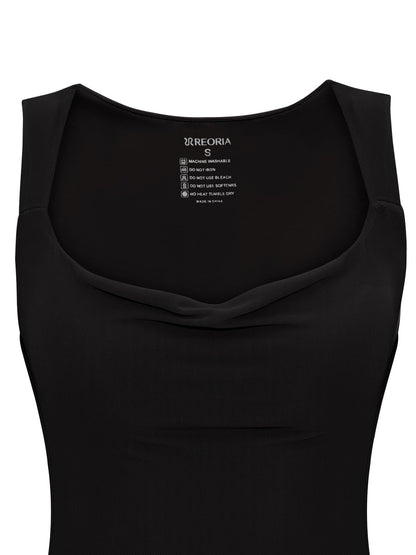 REORIA dress — Cowl neck sleeveless tank maxi with mesh detail and double lining