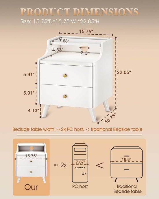 IUNVR Narrow Nightstand with 2 Drawers, Solid Wood Bedside Table
