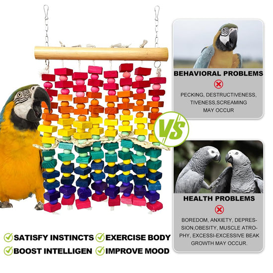 KTCWPAW Large Parrot Chew Wall Toy, Natural Wood Bird Cage Foraging Play Wall with Colorful Wooden Blocks, Hanging Shredder Toy for Macaws, Cockatoos, African Greys, Medium to Large Parrots