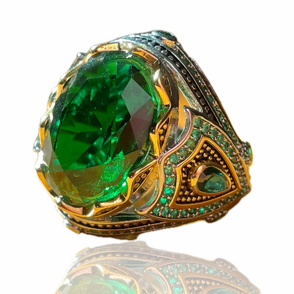 TASHILONG Emerald Stone Men Silver Ring 925 Silvering Emerald Gemstone Ring Handmade Engraved Turkish Silver Ring with Natural Emerald Stone (9)