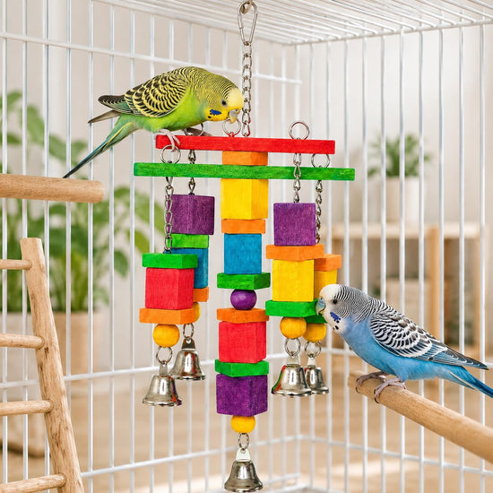 Zephyriel Bird Toys for Small to Medium Parrot, Natural Wooden Blocks with Bells, Stainless Steel Chain & Screw-Lock, Safe Shredding Parrot Toy for Conures, Cockatiels, Quakers, Parakeet