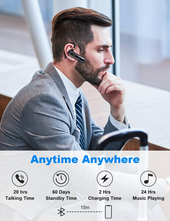 New Bee Bluetooth Headsets with Dual Mic V5.0 Handsfree Bluetooth Earpiece with 25 Hrs Talking Time Mic Mute Two Device Connection for iPhone, Android and Laptop