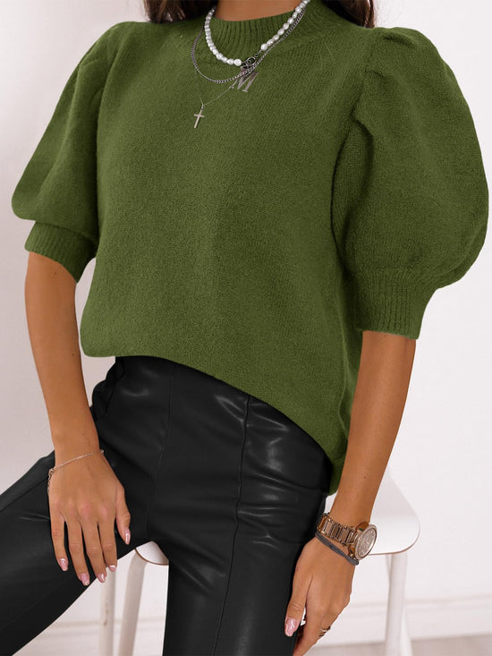 Shirt — Puff short sleeve knit crew neck top for women