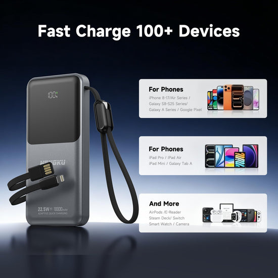 HENGKU Power Bank 10000mAh Portable Built-in Cable 22.5w Fast Charge