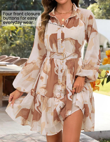 ZESICA dress — floral chiffon mini dress with long sleeves for weddings and parties