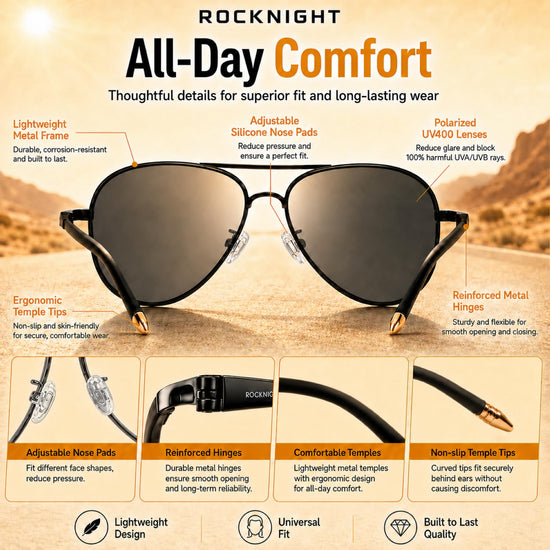 Sunglasses — Polarized aviator style with UV400 protection and metal frame