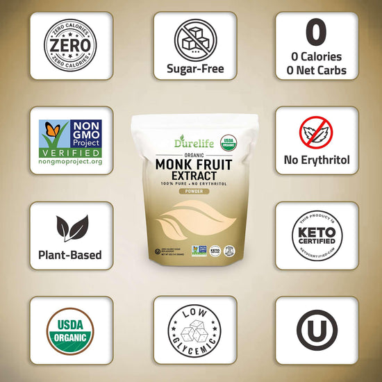 Durelife organic monk fruit sweetener - no erythritol, zero calorie substitute 5 oz