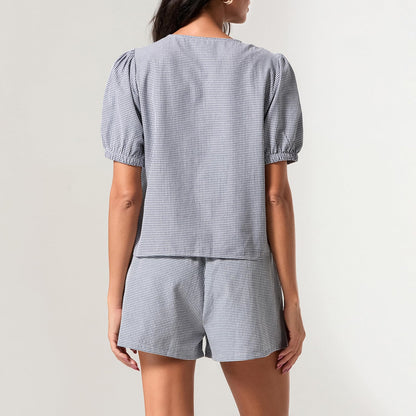 Yuemengxuan coordinated outfit — Y2k peplum shirt and shorts set with puff sleeves and tie front