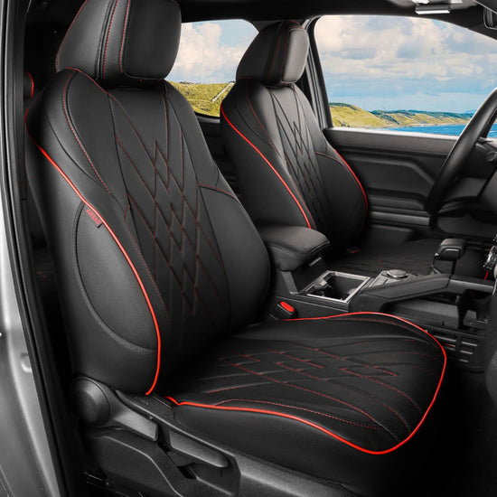 EKR Tacoma car seat covers - Custom fit faux leather in black with red trim