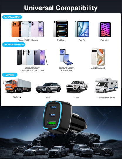 QZVOO 75W USB C Car Charger, 3-Port Super Fast Charging PD 3.0 & QC 3.0 Cigarette Lighter Adapter for iPhone 17/16/15 Pro Max, Samsung Galaxy S26/S25/S24 Ultra, with 4Pack 3FT+6.6FT Type C Cable