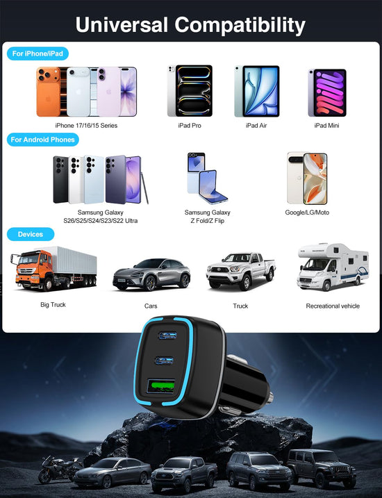 QZVOO 75W USB C Car Charger, 3-Port Super Fast Charging PD 3.0 & QC 3.0 Cigarette Lighter Adapter for iPhone 17/16/15 Pro Max, Samsung Galaxy S26/S25/S24 Ultra, with 4Pack 3FT+6.6FT Type C Cable