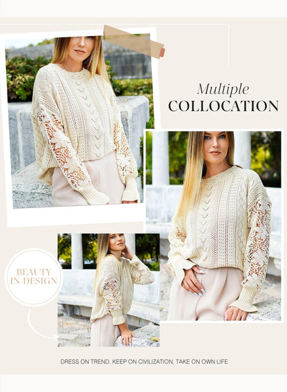 Dokotoo women's crochet lace long sleeve cable knit sweater