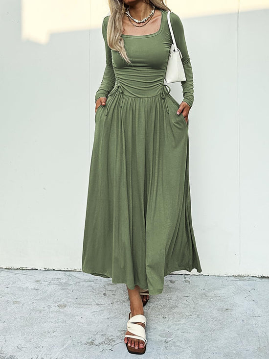 Mieazom women's maxi dress with square neck and adjustable waist tie