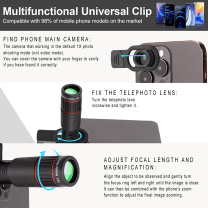 Camera lenses — 32X telephoto lens with adjustable tripod and universal clip