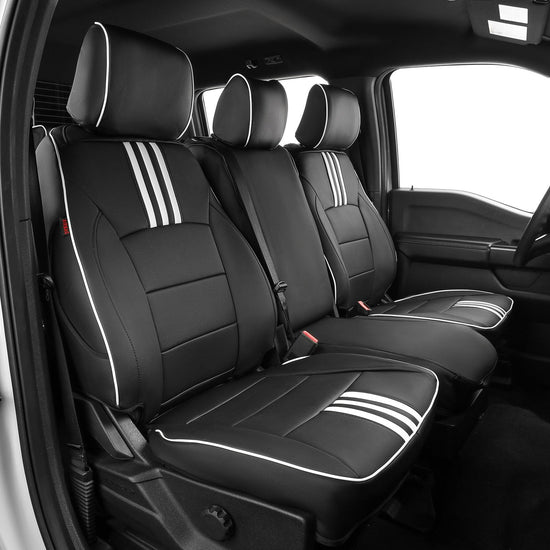 EKR F150 seat covers — custom fit faux leather in black with white trim
