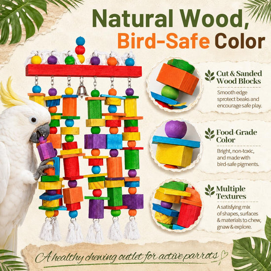 Extra Large Bird Toys for Macaws African Greys Cockatoos, 21.6" x 13" Heavy Duty Parrot Chewing Toy with Durable Stainless Steel Chain & Natural Wood Blocks, Large Bird Cage Accessories with Bell