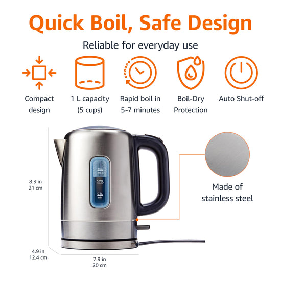 Electric water boiler — Fast boiling with auto shut-off, 1 liter capacity, BPA-free