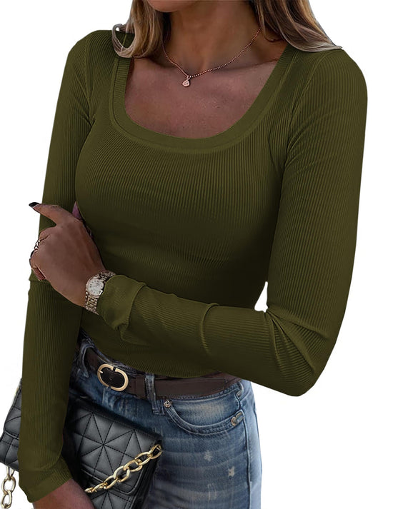 Shirt — Long sleeve scoop neck casual rib knit top by Zeagoo