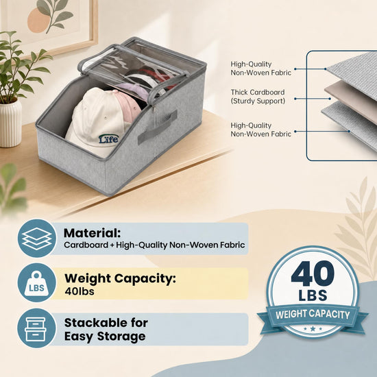 ZJKCXZEPNOV Hat Organizer for Baseball Caps, Clear Window Storage Container Holds Up to 12 Caps, Grey Closet Hat Holder Box for Home & Bedroom Organization