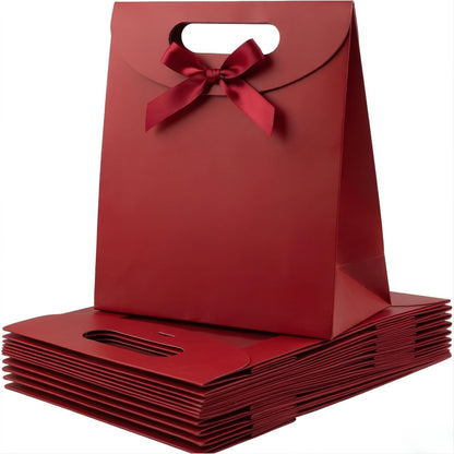 Viongna 12Pcs Kraft Paper Bags with Handles Paper Gift Bags Stand Up Gift Bag with Bow Tie Gift Bag for Candy Cookies Packaging Wedding Christmas Party Red 5.5"x2.8"x7.9"
