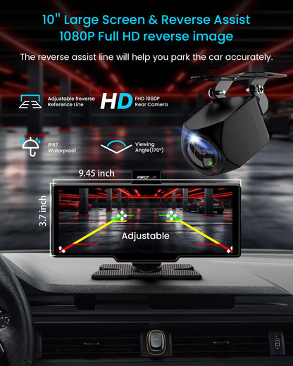 GPS or navigation system — Portable Apple Carplay screen with 10 inch display and 4K dash cam