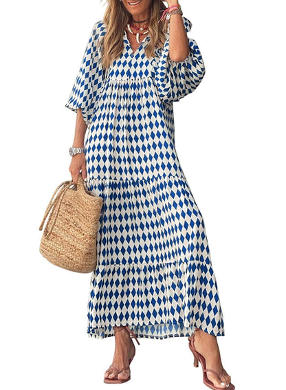 miduo dress with bohemian geometric pattern and v neck design