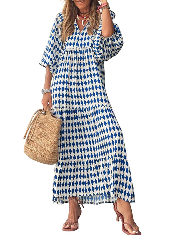 miduo dress with bohemian geometric pattern and v neck design