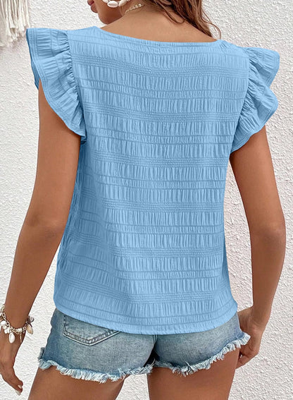 Shirt — Women's casual summer square neck tank top with ruffle chiffon detail