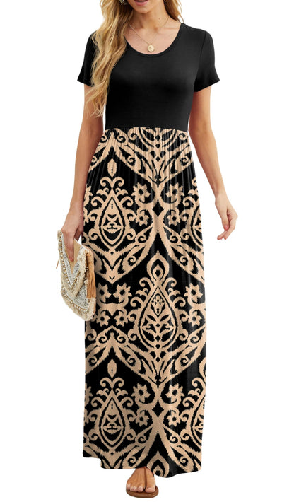 GRECERELLE summer maxi dress with pockets and short sleeves, size S-3XL