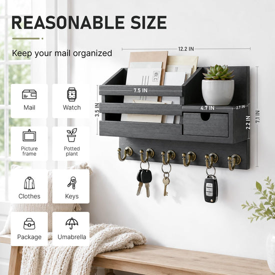 Storage hook — Rustic farmhouse key and mail holder with shelf and 6 hooks