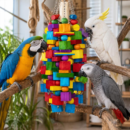 Zephyriel bird toy — natural wood blocks with stainless steel chain for large parrots