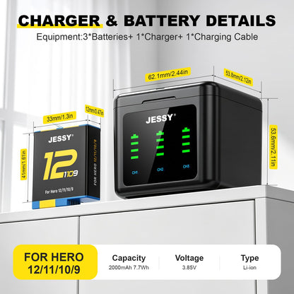 JESSY 2000mAh Battery Charger Kits for GoPro Hero 12 11 10 9 Black, 3 Pack Replacement Batteries and 3-Channel Type-C Battery Charge Case for Go Pro 12 11 10 9 Original Batteries Accessories