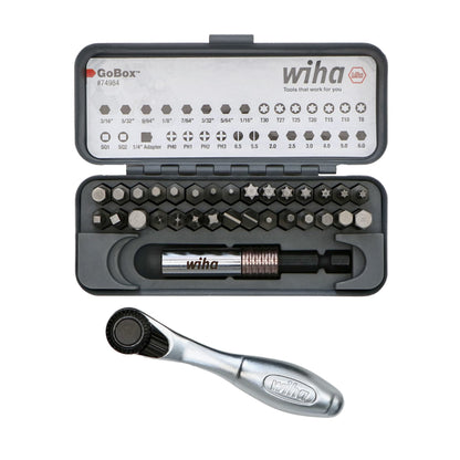 Wiha fastener drive bit set with mini ratchet and 32 pieces in GoBox