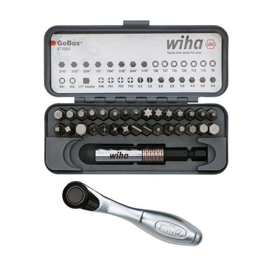 Wiha fastener drive bit set with mini ratchet and 32 pieces in GoBox